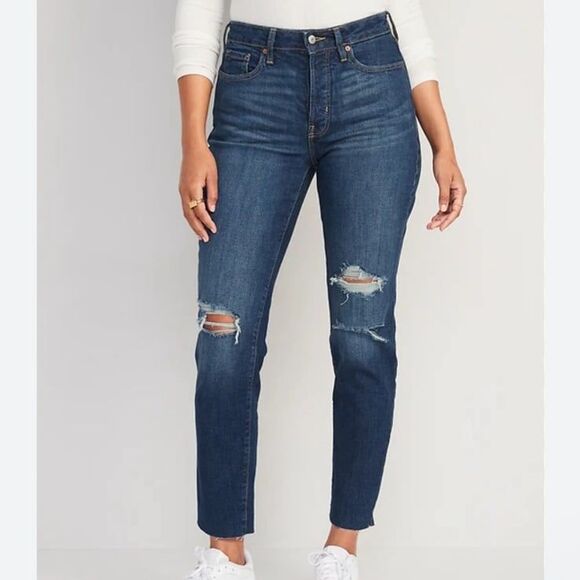 Old Navy High Waisted Button Fly OG Straight Ripped Cut Off Jeans Raw Hem 6 - Picture 1 of 9